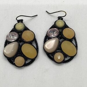 Teardrop Dangle Earrings Black Metal Frame Multi-Color Cabochon Stone Fashion